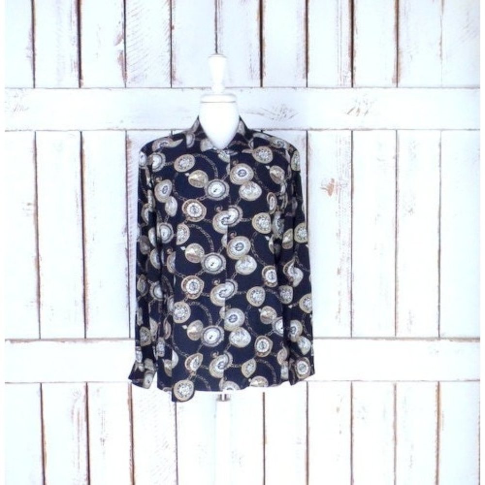 Vintage Ann Taylor Studio black silk clock watch print button down blouse